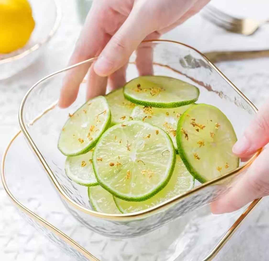 Nordic Golden Border Salad Bowl, Transparent Glass Fruit Plate, Dessert Round Square Bowl Nordic Golden Border Salad Bowl, Transparent Glass Fruit Plate, Dessert Round Square Bowl